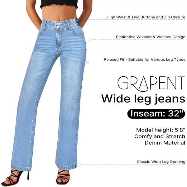 GRAPENT Wide Leg Jeans for Women Trendy High Waisted Flare Stretchy Denim Pants Baggy Dual Button Trouser Jeans PocketsIndigo Medium Blue