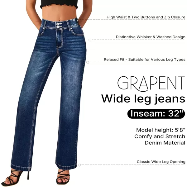 GRAPENT Wide Leg Jeans for Women Trendy High Waisted Flare Stretchy Denim Pants Baggy Dual Button Trouser Jeans PocketsIndigo Skyblue