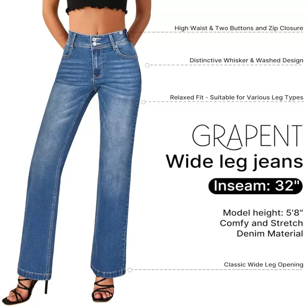 GRAPENT Wide Leg Jeans for Women Trendy High Waisted Flare Stretchy Denim Pants Baggy Dual Button Trouser Jeans PocketsLapis Longing