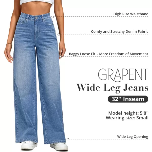 GRAPENT Wide Leg Jeans for Women Trendy High Waisted Stretchy Denim Pants 90s Baggy Jeans Trouser Jeans with PocketsCool Blue