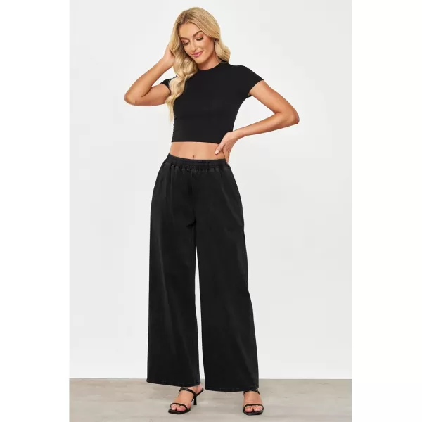 GRAPENT Wide Leg Pants Woman Pull On High Waisted Baggy Straight Leg Colored Jeans Stretch Twill Trouser Pants for WomenBlack