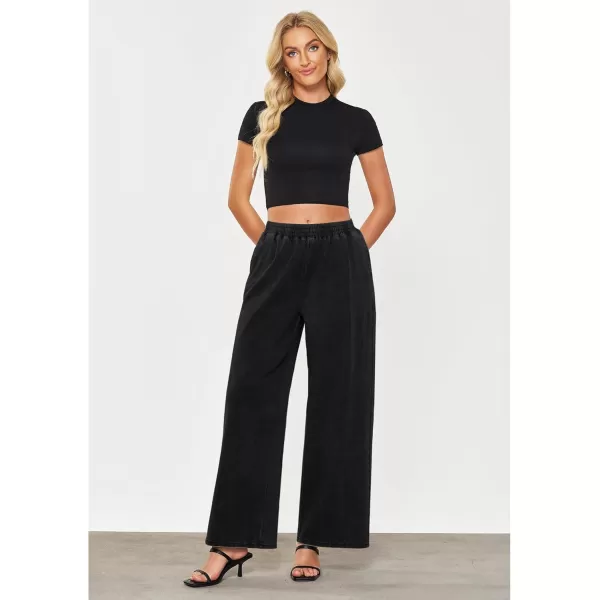 GRAPENT Wide Leg Pants Woman Pull On High Waisted Baggy Straight Leg Colored Jeans Stretch Twill Trouser Pants for WomenBlack