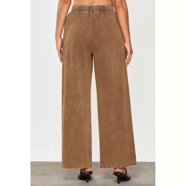 GRAPENT Wide Leg Pants Woman Pull On High Waisted Baggy Straight Leg Colored Jeans Stretch Twill Trouser Pants for WomenBronze Brown