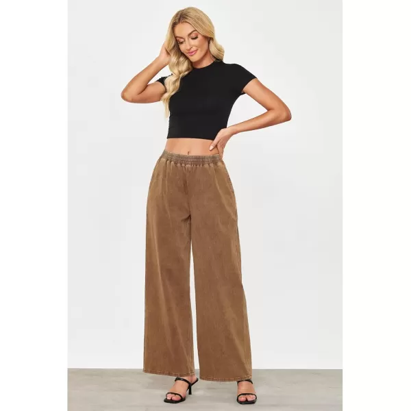 GRAPENT Wide Leg Pants Woman Pull On High Waisted Baggy Straight Leg Colored Jeans Stretch Twill Trouser Pants for WomenBronze Brown