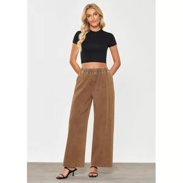 GRAPENT Wide Leg Pants Woman Pull On High Waisted Baggy Straight Leg Colored Jeans Stretch Twill Trouser Pants for WomenBronze Brown