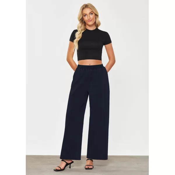 GRAPENT Wide Leg Pants Woman Pull On High Waisted Baggy Straight Leg Colored Jeans Stretch Twill Trouser Pants for WomenNavy Blue