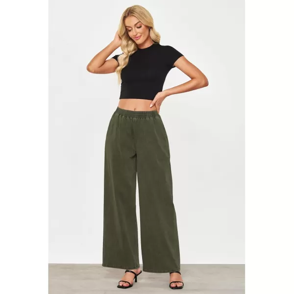 GRAPENT Wide Leg Pants Woman Pull On High Waisted Baggy Straight Leg Colored Jeans Stretch Twill Trouser Pants for WomenOlive Green