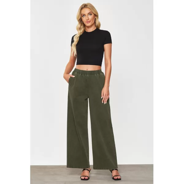 GRAPENT Wide Leg Pants Woman Pull On High Waisted Baggy Straight Leg Colored Jeans Stretch Twill Trouser Pants for WomenOlive Green