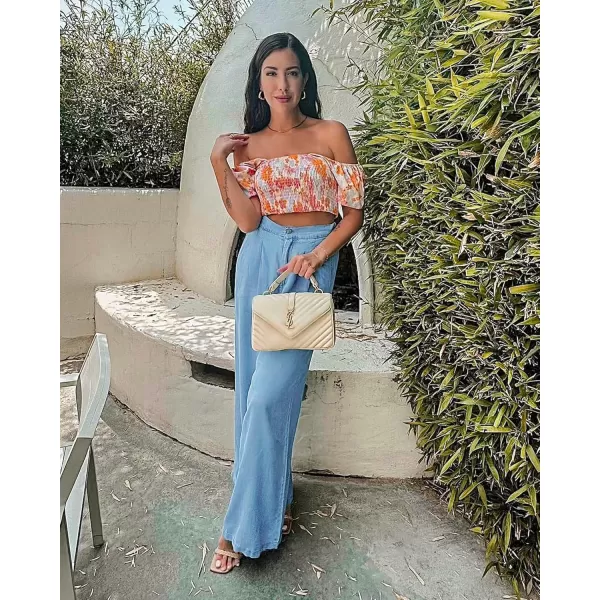 GRAPENT Wide Leg Pants for Women High Waisted Jeans Palazzo Pants Lightweight Summer Beach Flowy Trousers Y2KAir Blue