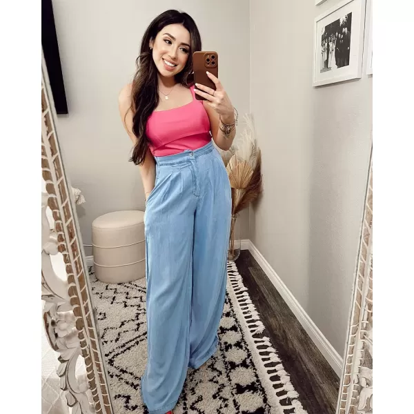 GRAPENT Wide Leg Pants for Women High Waisted Jeans Palazzo Pants Lightweight Summer Beach Flowy Trousers Y2KAir Blue