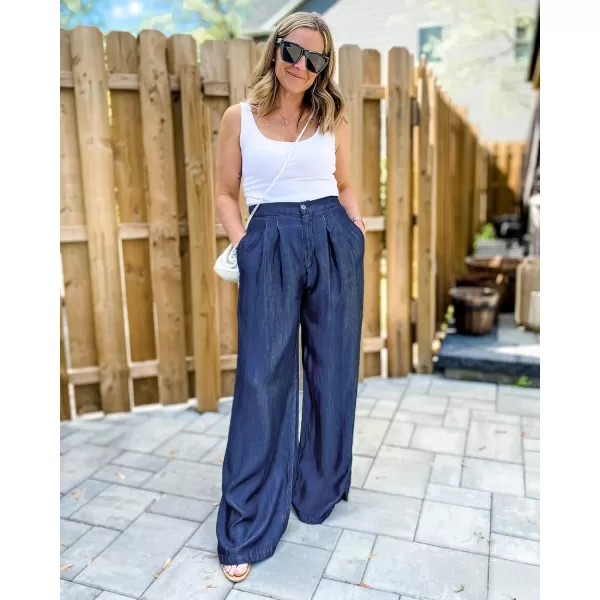 GRAPENT Wide Leg Pants for Women High Waisted Jeans Palazzo Pants Lightweight Summer Beach Flowy Trousers Y2KClassic Blue