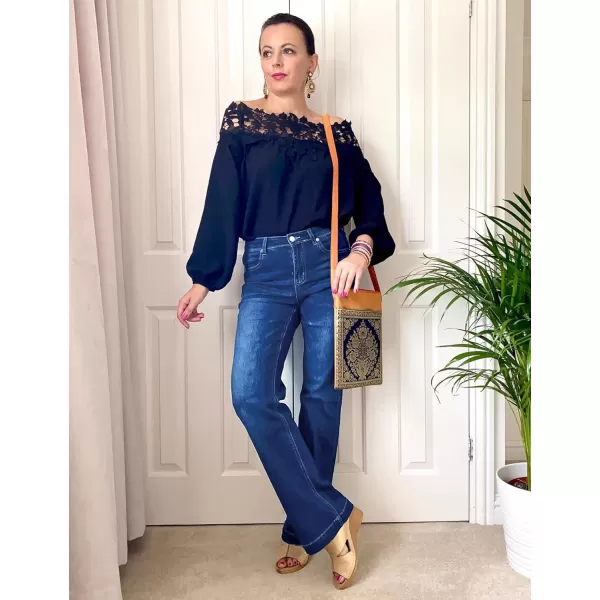 GRAPENT Womens Flare Jeans High Waisted Wide Leg Baggy Jean for Women Stretch Denim PantsDark Blue
