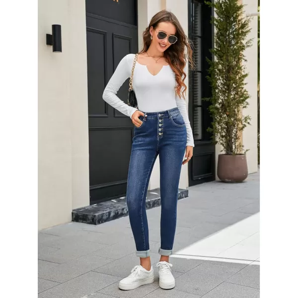 GRAPENT Womens Fleece Lined Jeans Button Fly High Waisted Skinny Jean Stretchy Denim Thermal Pants Warm Winter JeggingsDarkness Blue