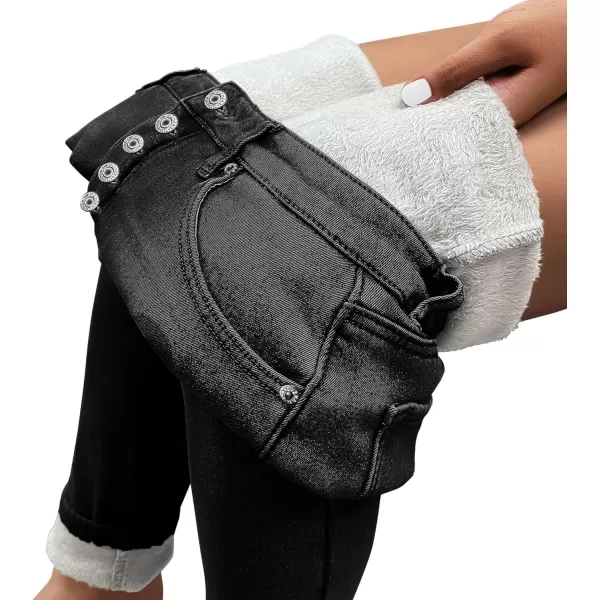 GRAPENT Womens Fleece Lined Jeans Button Fly High Waisted Skinny Jean Stretchy Denim Thermal Pants Warm Winter JeggingsFaded Black