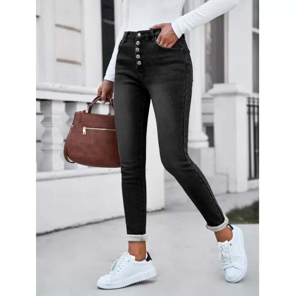 GRAPENT Womens Fleece Lined Jeans Button Fly High Waisted Skinny Jean Stretchy Denim Thermal Pants Warm Winter JeggingsFaded Black