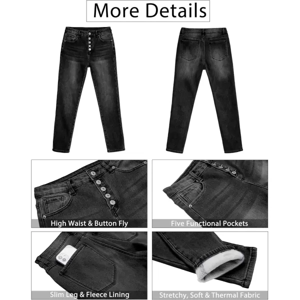GRAPENT Womens Fleece Lined Jeans Button Fly High Waisted Skinny Jean Stretchy Denim Thermal Pants Warm Winter JeggingsFaded Black