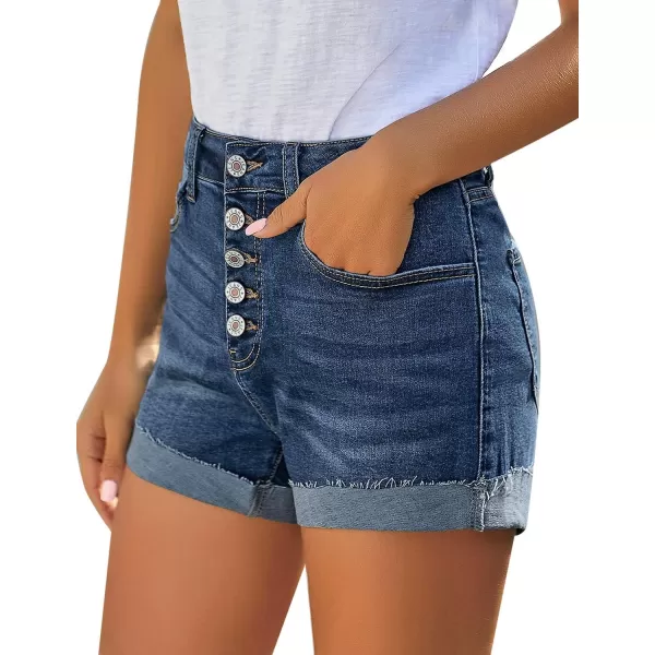 GRAPENT Womens High Waisted Ripped Stretchy Denim Hot Short Summer Jean ShortsButtons Flydark Blue