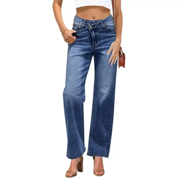 GRAPENT Baggy Jeans for Women High Waisted Straight Leg Crossover Trendy Stretch Denim Pants Slouchy Jeans with PocketsClassic Blue