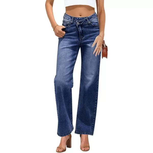 GRAPENT Baggy Jeans for Women High Waisted Straight Leg Crossover Trendy Stretch Denim Pants Slouchy Jeans with PocketsDarkness Blue