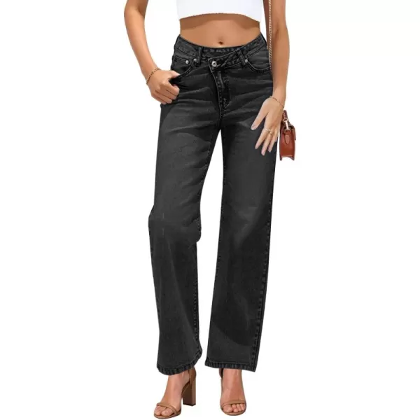 GRAPENT Baggy Jeans for Women High Waisted Straight Leg Crossover Trendy Stretch Denim Pants Slouchy Jeans with PocketsFaded Black