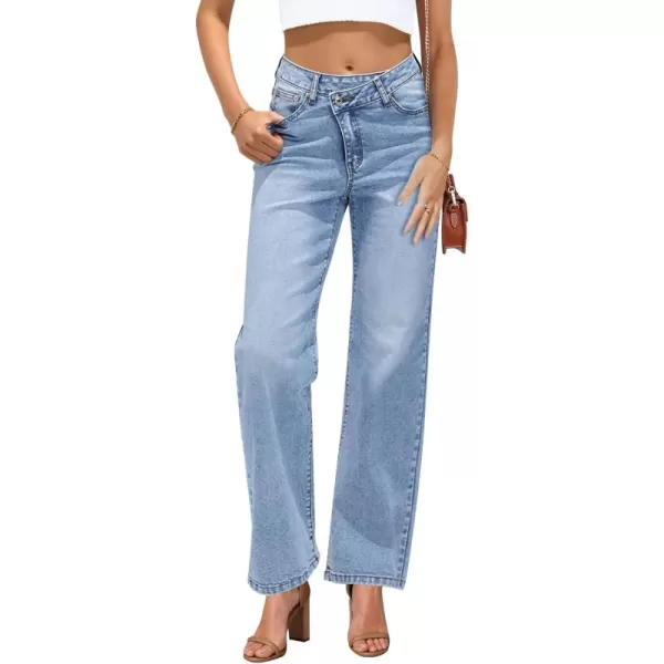 GRAPENT Baggy Jeans for Women High Waisted Straight Leg Crossover Trendy Stretch Denim Pants Slouchy Jeans with PocketsLakeside Blue