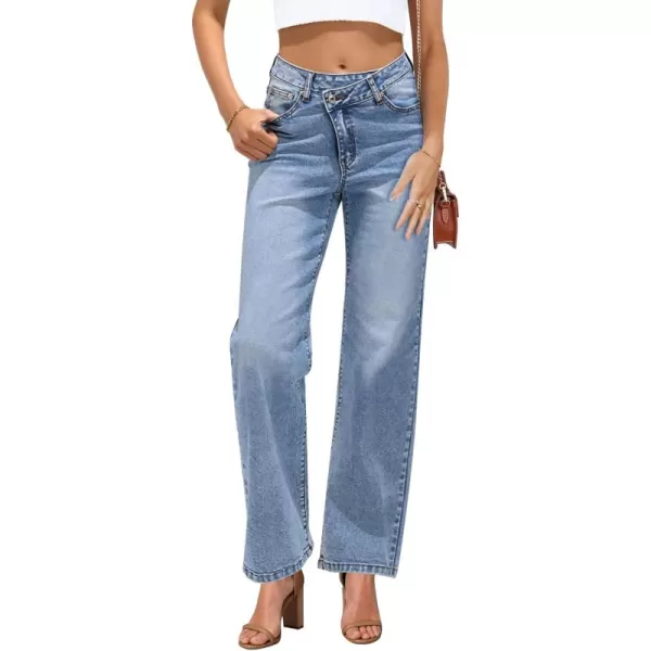 GRAPENT Baggy Jeans for Women High Waisted Straight Leg Crossover Trendy Stretch Denim Pants Slouchy Jeans with PocketsLapis Blue