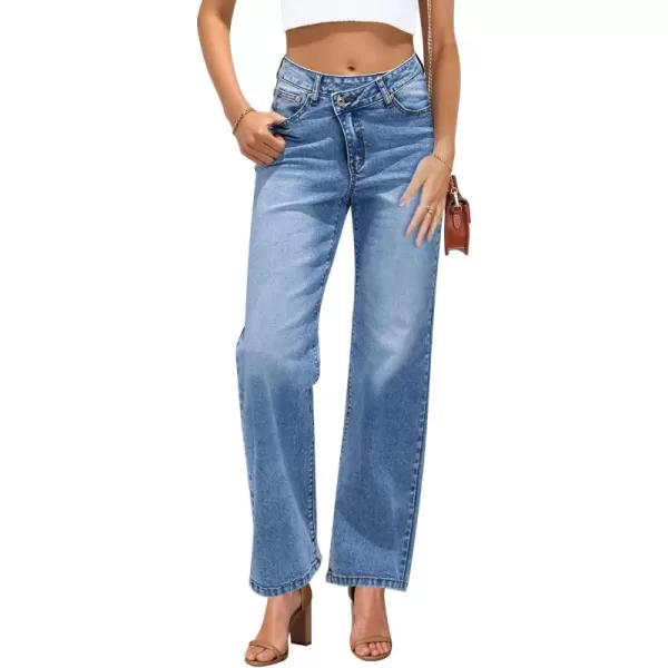 GRAPENT Baggy Jeans for Women High Waisted Straight Leg Crossover Trendy Stretch Denim Pants Slouchy Jeans with PocketsMedium Blue