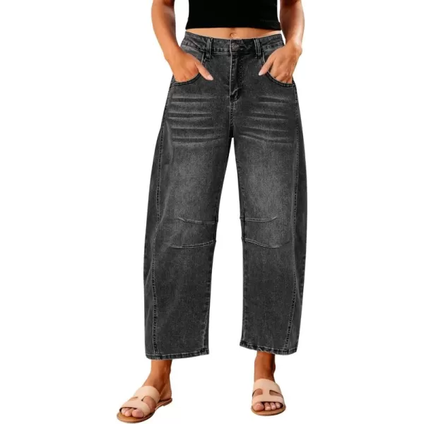 GRAPENT Barrel Jeans for Women Trendy High Waisted Wide Leg Baggy Cropped Relax Fit Stretch Denim Trouser Ankle PantsFaded Black