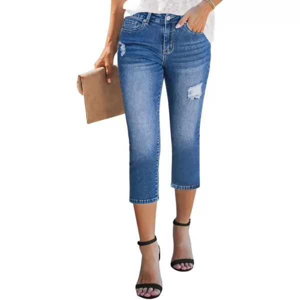 GRAPENT Capris Jeans for Women High Waisted Stretchy Ripped Skinny Denim Capri Pants Distressed Cropped Jeggings CasualClassic Blue