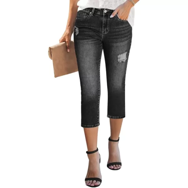 GRAPENT Capris Jeans for Women High Waisted Stretchy Ripped Skinny Denim Capri Pants Distressed Cropped Jeggings CasualWashed Black