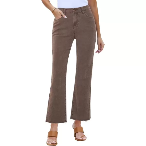 GRAPENT Flare Jeans for Women High Waisted Trendy Cropped Jeans Stretchy Denim Pants Raw Hem Ankle Trouser Jeans PocketsCinnamon Brown  Acid Wash