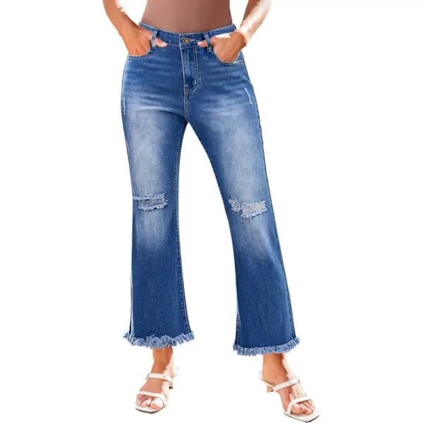 GRAPENT Flare Jeans for Women Trendy High Waisted Cropped Ripped Jeans Wide Leg Stretchy Denim Ankle Pants Raw Hem JeansClassic Blue