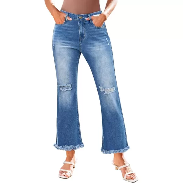 GRAPENT Flare Jeans for Women Trendy High Waisted Cropped Ripped Jeans Wide Leg Stretchy Denim Ankle Pants Raw Hem JeansMedium Blue