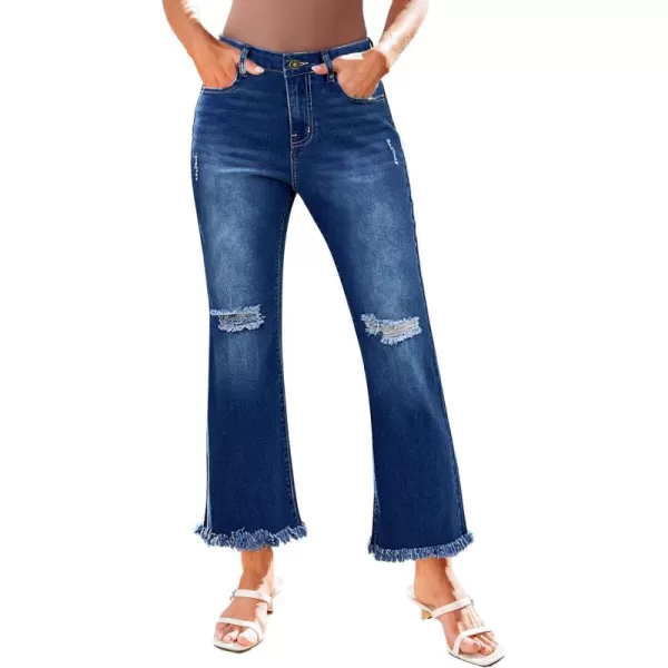 GRAPENT Flare Jeans for Women Trendy High Waisted Cropped Ripped Jeans Wide Leg Stretchy Denim Ankle Pants Raw Hem JeansNightfall Blue
