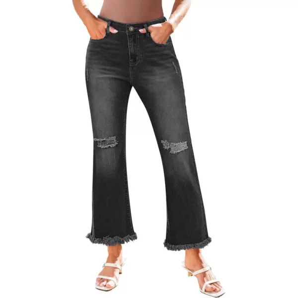 GRAPENT Flare Jeans for Women Trendy High Waisted Cropped Ripped Jeans Wide Leg Stretchy Denim Ankle Pants Raw Hem JeansWashed Black