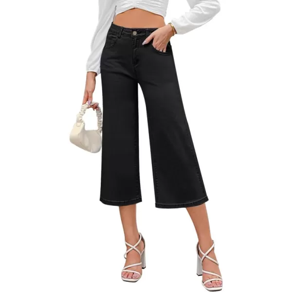 GRAPENT Jean Capris for Women Wide Leg Jeans High Waisted Crop Denim Capri Pants Stretchy BaggyBlack