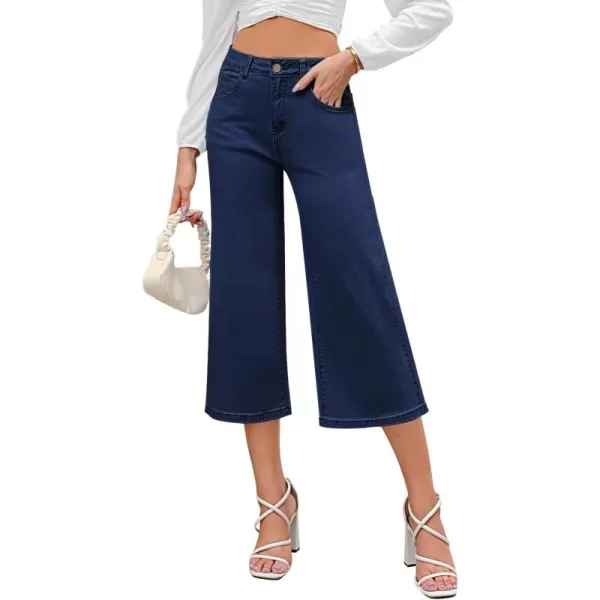 GRAPENT Jean Capris for Women Wide Leg Jeans High Waisted Crop Denim Capri Pants Stretchy BaggyTwilight Blue