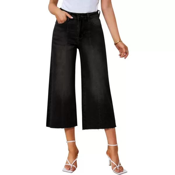 GRAPENT Jean Capris for Women Wide Leg Jeans High Waisted Seamed Front Raw Hem Denim Capri Pants StretchyBlack