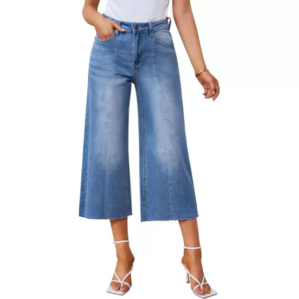 GRAPENT Jean Capris for Women Wide Leg Jeans High Waisted Seamed Front Raw Hem Denim Capri Pants StretchyBrilliant Blue