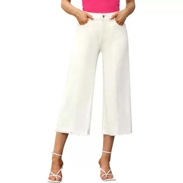 GRAPENT Jean Capris for Women Wide Leg Jeans High Waisted Seamed Front Raw Hem Denim Capri Pants StretchyBrilliant White