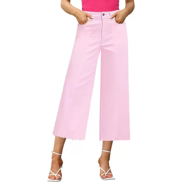 GRAPENT Jean Capris for Women Wide Leg Jeans High Waisted Seamed Front Raw Hem Denim Capri Pants StretchyCandy Pink