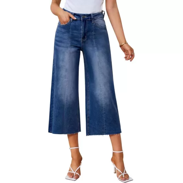 GRAPENT Jean Capris for Women Wide Leg Jeans High Waisted Seamed Front Raw Hem Denim Capri Pants StretchyCobalt Night Blue