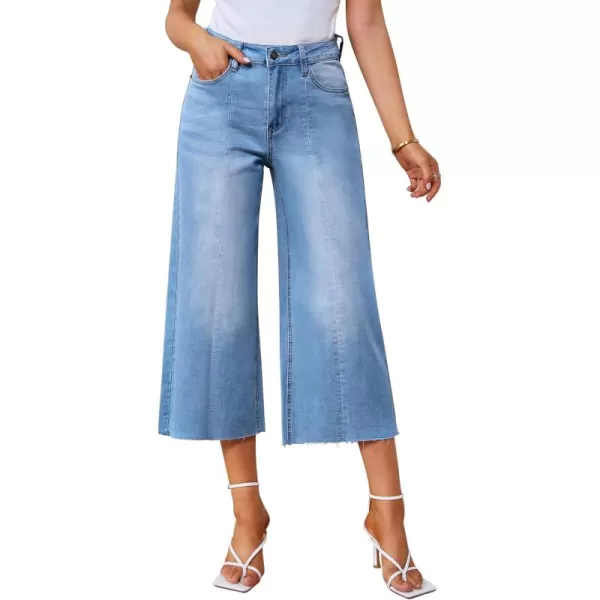 GRAPENT Jean Capris for Women Wide Leg Jeans High Waisted Seamed Front Raw Hem Denim Capri Pants StretchyCool Blue