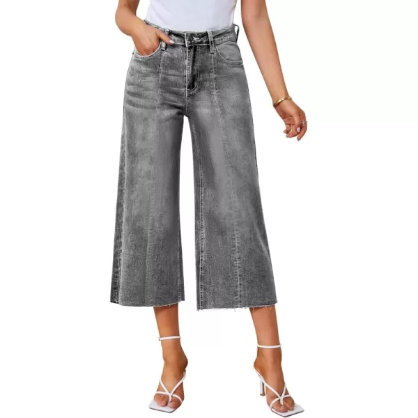 GRAPENT Jean Capris for Women Wide Leg Jeans High Waisted Seamed Front Raw Hem Denim Capri Pants StretchyGray