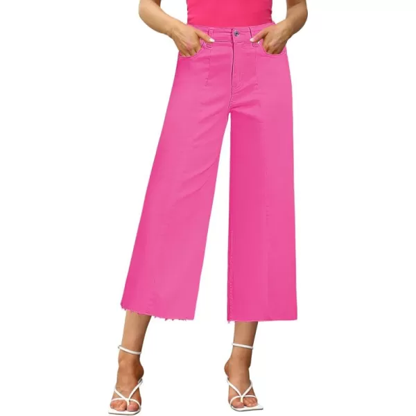 GRAPENT Jean Capris for Women Wide Leg Jeans High Waisted Seamed Front Raw Hem Denim Capri Pants StretchyHot Pink