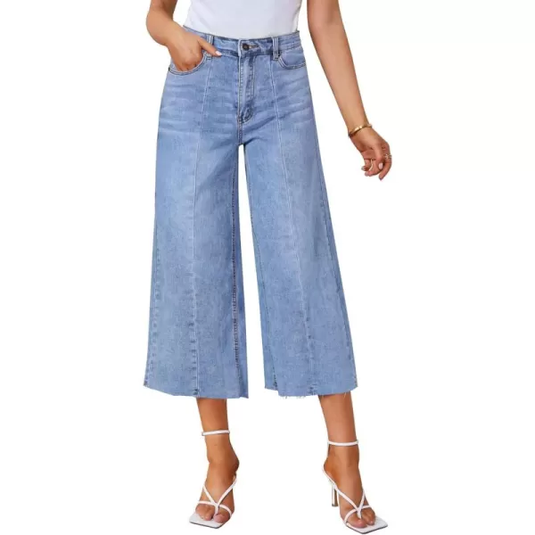 GRAPENT Jean Capris for Women Wide Leg Jeans High Waisted Seamed Front Raw Hem Denim Capri Pants StretchyWategos Blue