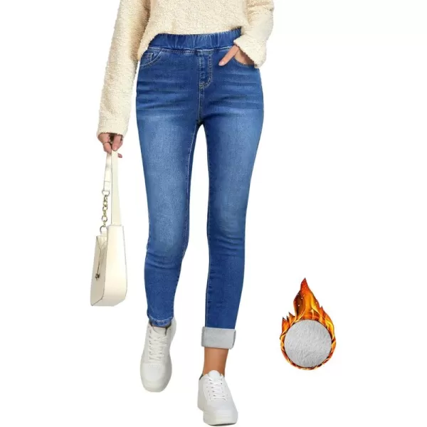 GRAPENT Jeans for Women High Waisted Pull On Fleece Lined Leggings Stretchy Denim Skinny Jeggings Thermal Winter PantsClassic Blue