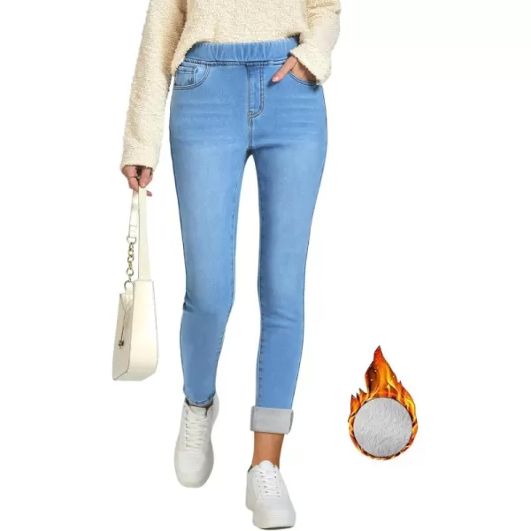 GRAPENT Jeans for Women High Waisted Pull On Fleece Lined Leggings Stretchy Denim Skinny Jeggings Thermal Winter PantsCool Blue
