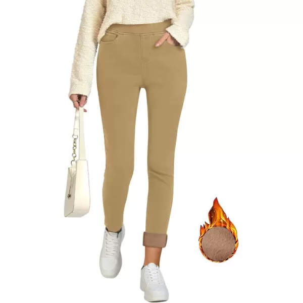 GRAPENT Jeans for Women High Waisted Pull On Fleece Lined Leggings Stretchy Denim Skinny Jeggings Thermal Winter PantsKhaki