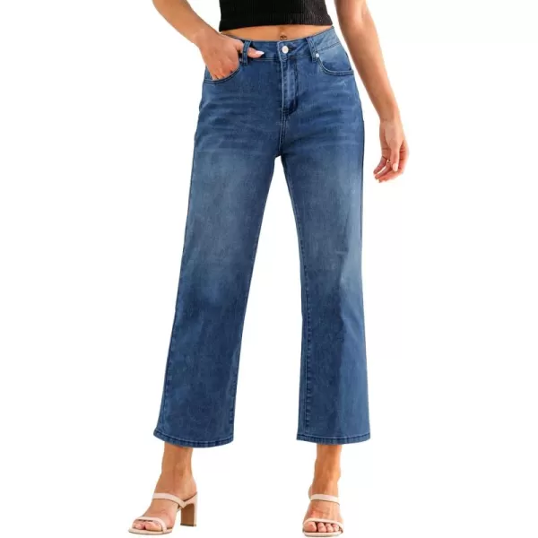 GRAPENT Jeans for Women Trendy High Waisted Baggy Straight Leg Stretchy Denim Ankle Pants Cropped Jeans with PocketsClassic Blue